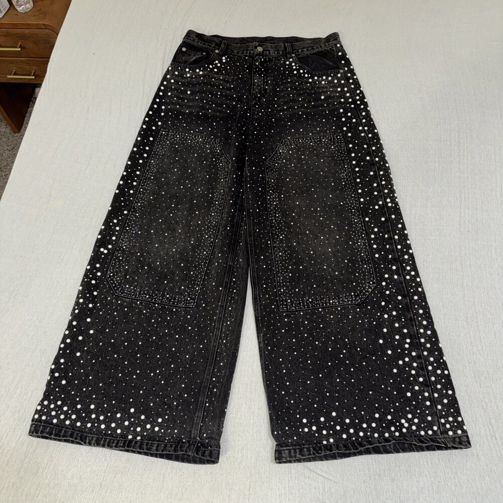 Stile De Amor Black Embroidered Rhinestone Very Wide Leg Jeans Large 36x32 EUC